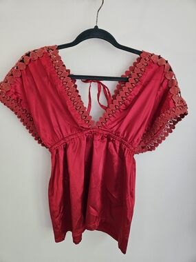 Cache Vintage Satin y2k V-neck Crochet Lace Boho-Chic Cami Top, S